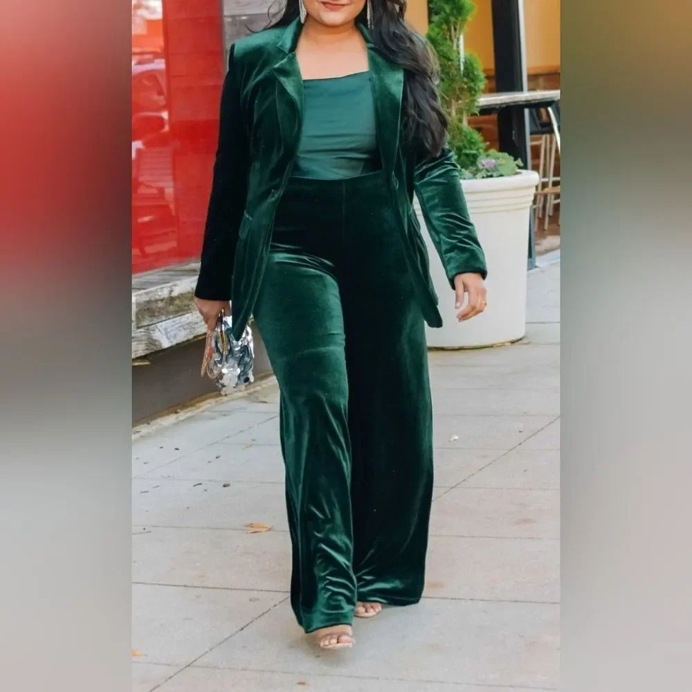 NWT Gibson Latimer Green Velvet Women's Wide Leg Pantsuit XL Blazer Size 18 PANT